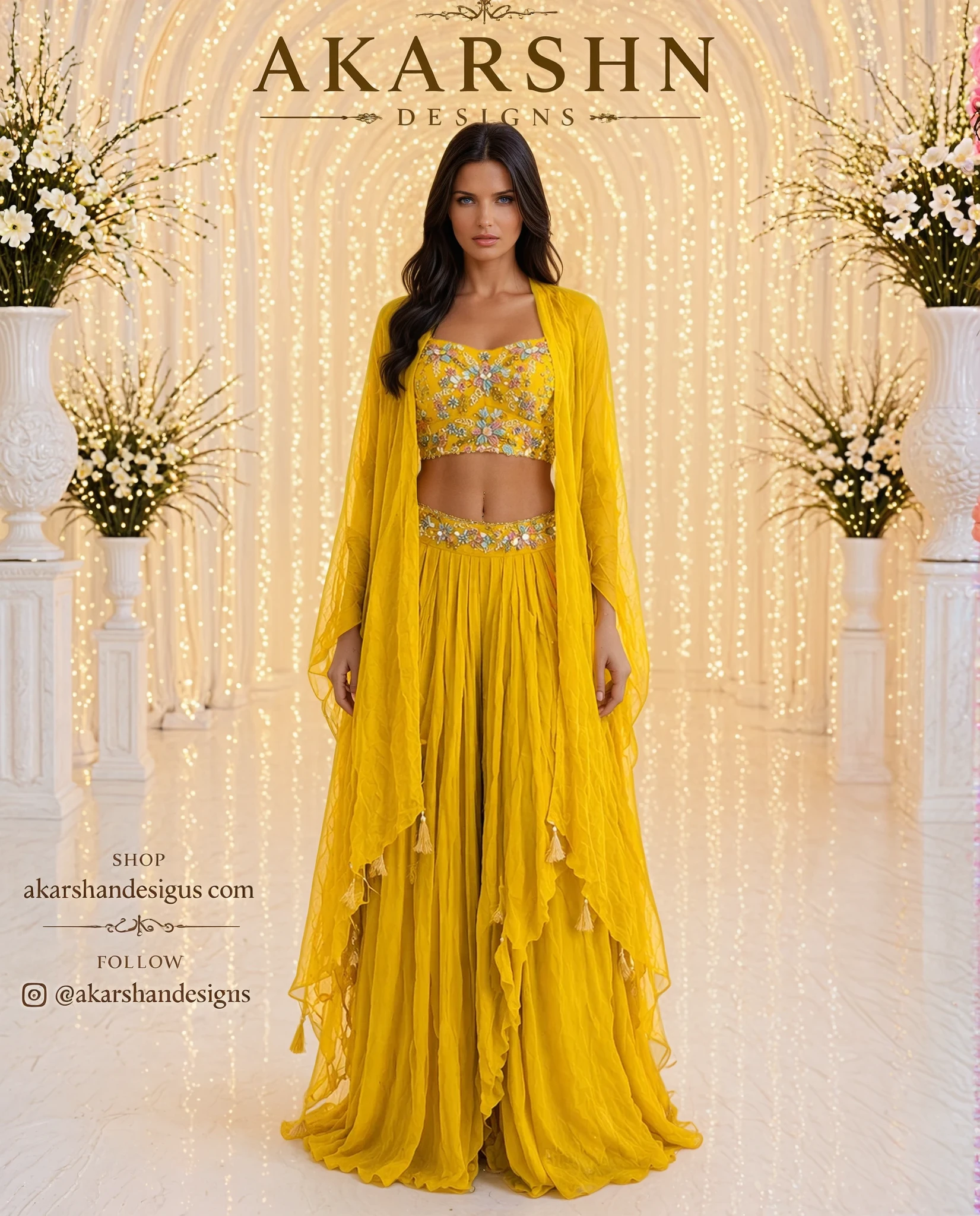 Three-piece mustard yellow Indo-western- Crop Top – AKARSHAN DESIGNS